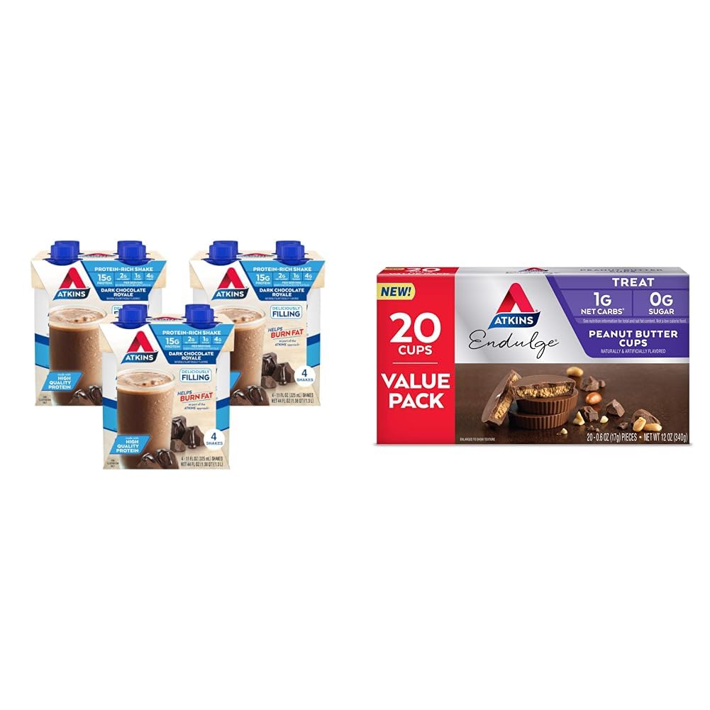 Dark Chocolate Protein Shake, 15g Protein, 2g Net Carb, 12 Count & Peanut Butter Cups, 0g Sugar, 20 Count N208