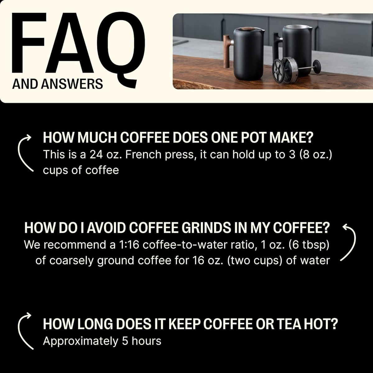 Insulated Coffee Maker with Enhanced Filtration System, Portable French Press Stainless Steel, 24 oz Carafe, Matte Black Q344782