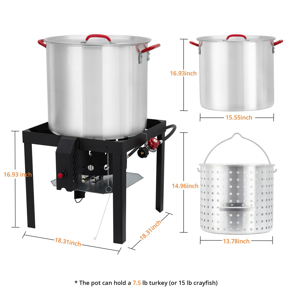 60QT Aluminum Seafood Boil Pot with Strainer Basket and Propane Burner J1210