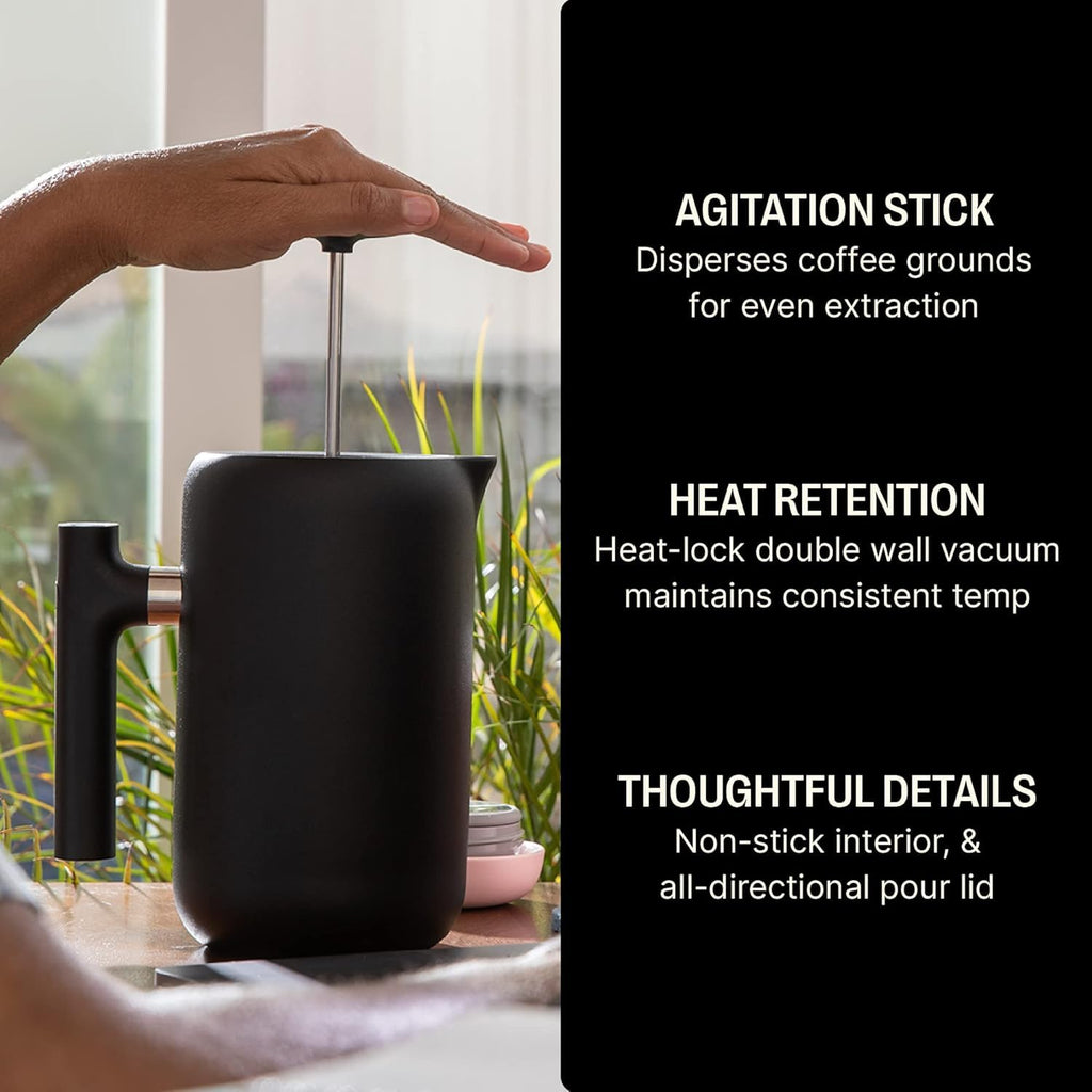 Insulated Coffee Maker with Enhanced Filtration System, Portable French Press Stainless Steel, 24 oz Carafe, Matte Black Q344782