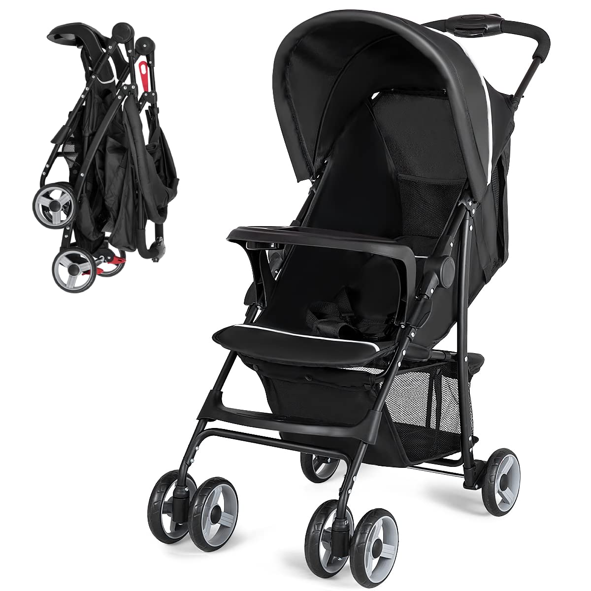 Lightweight Compact Toddler Travel Stroller with Canopy, 5-Point Harness, Storage Basket, One-Hand Fold, Black B360756
