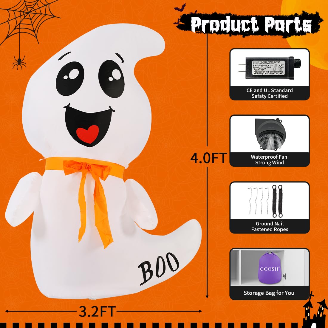 4 FT Inflatable Ghost with Built-in LEDs H38898