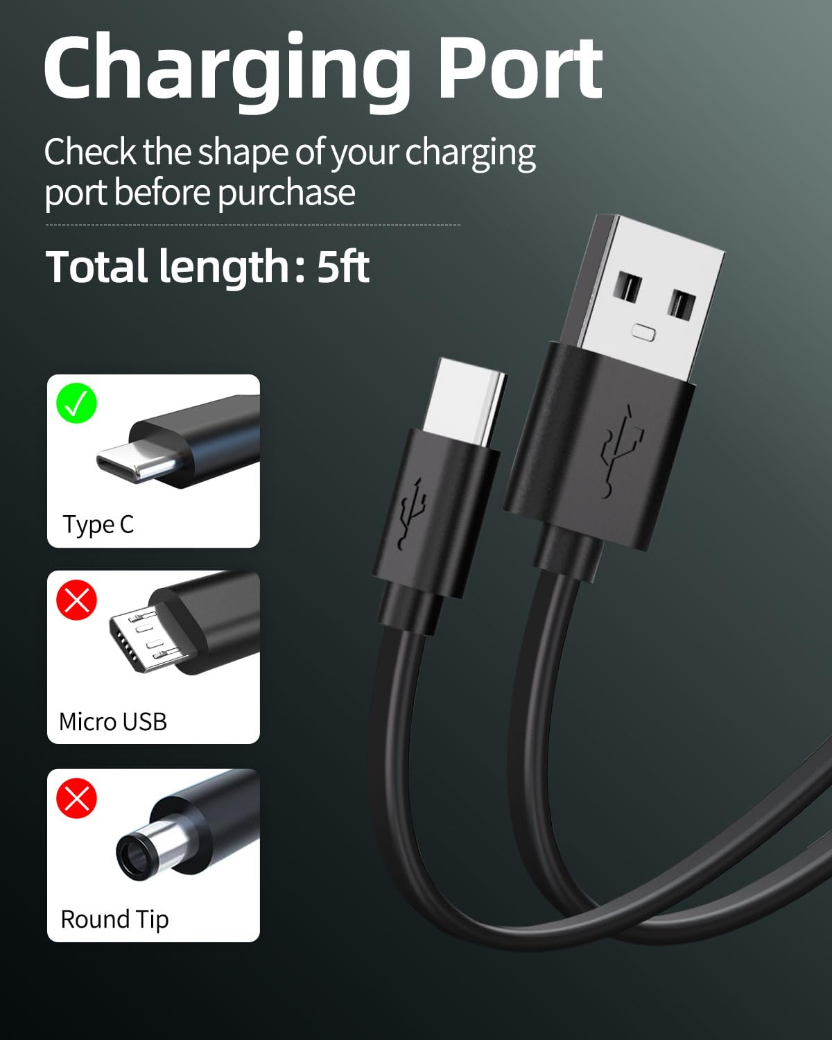 Black 5FT USB-C Replacement Charger Cable P6977