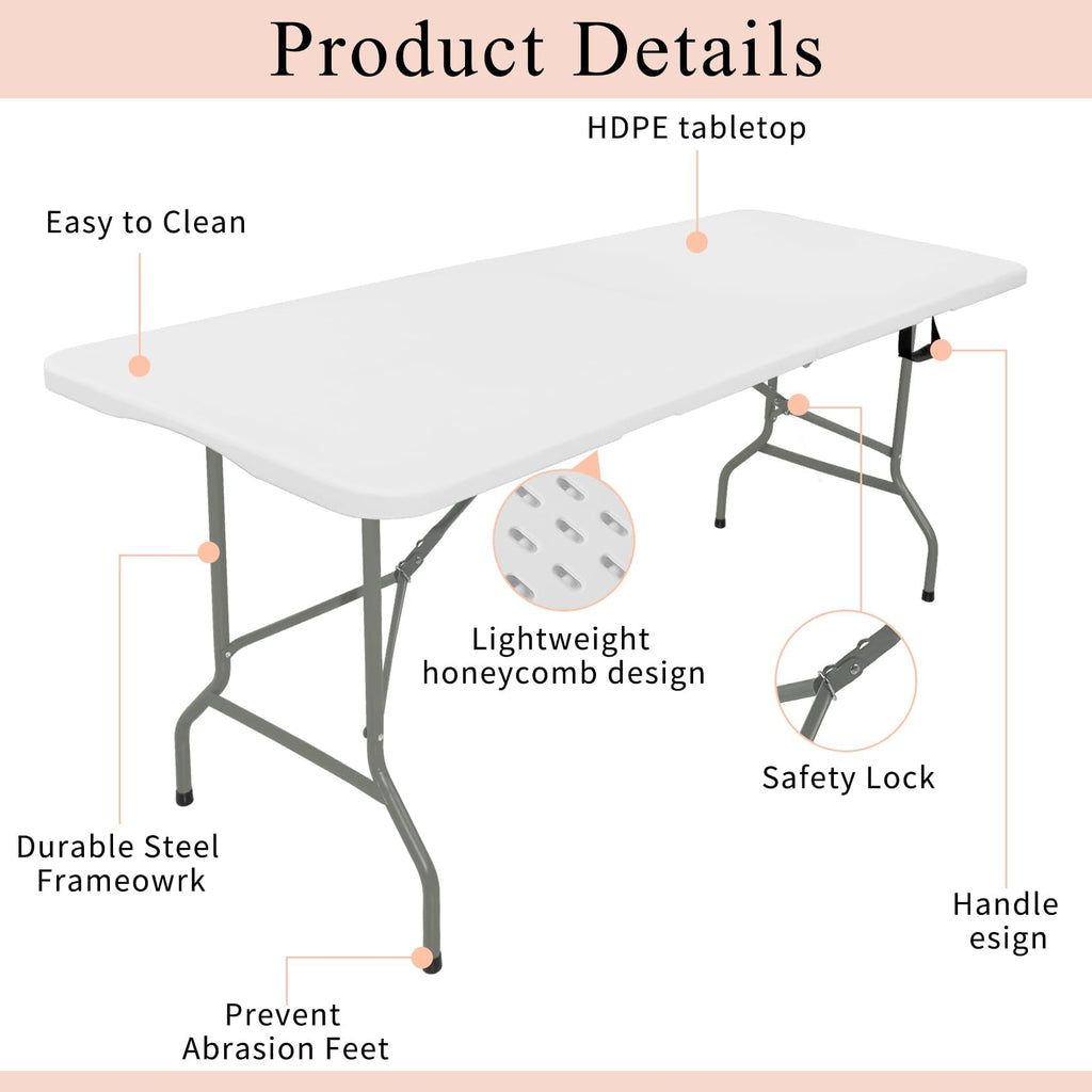 Set of 2 Lightweight 6FT Rectangular Plastic Folding Tables with Steel Legs L108986