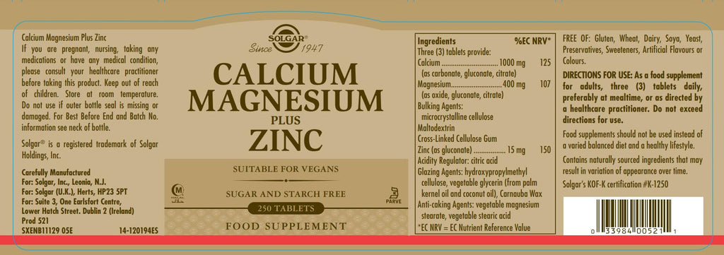 Calcium Magnesium Plus Zinc 250 Tablets X769699