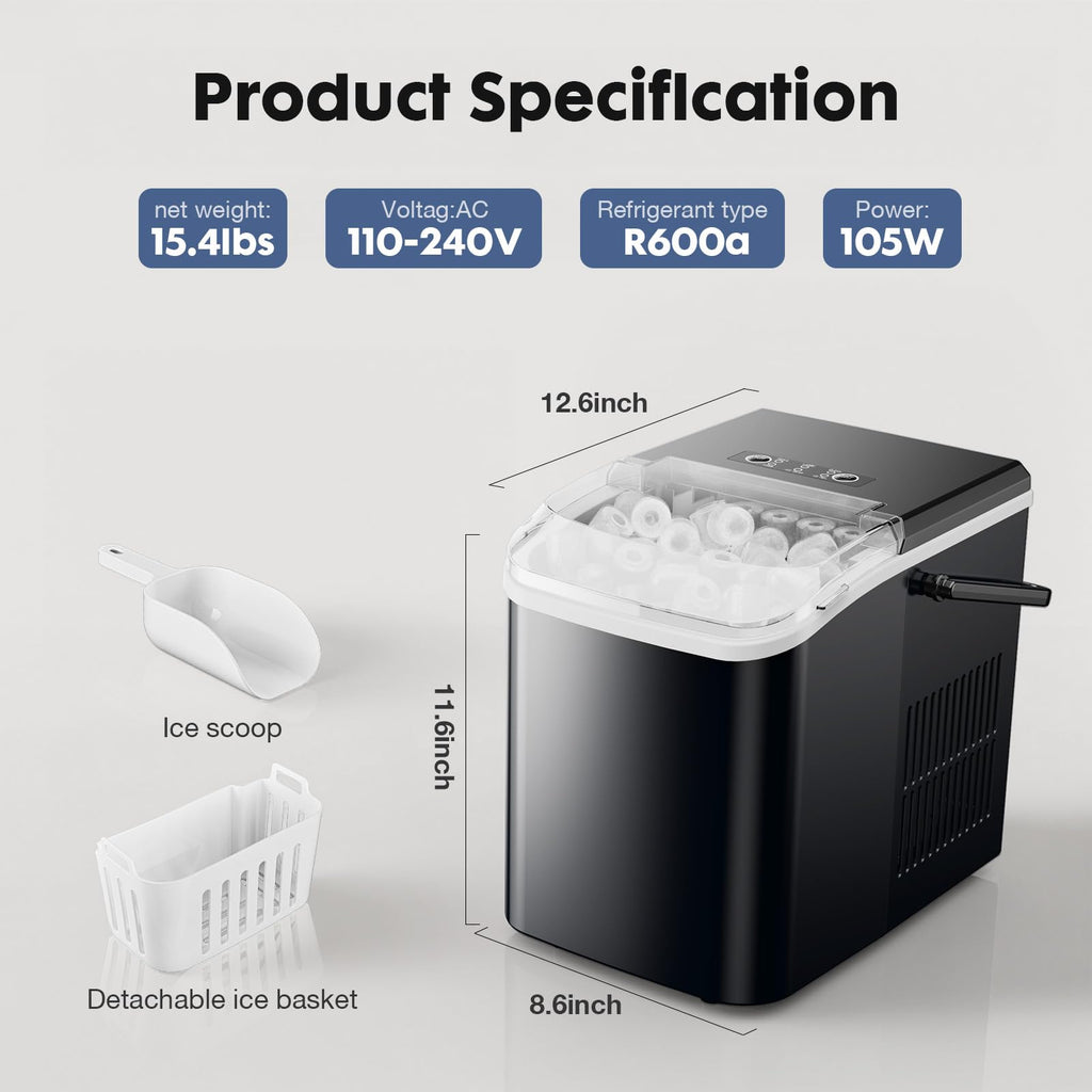 Portable Countertop Ice Maker with Scoop and Basket, 26.5lbs, Coal Black D81344