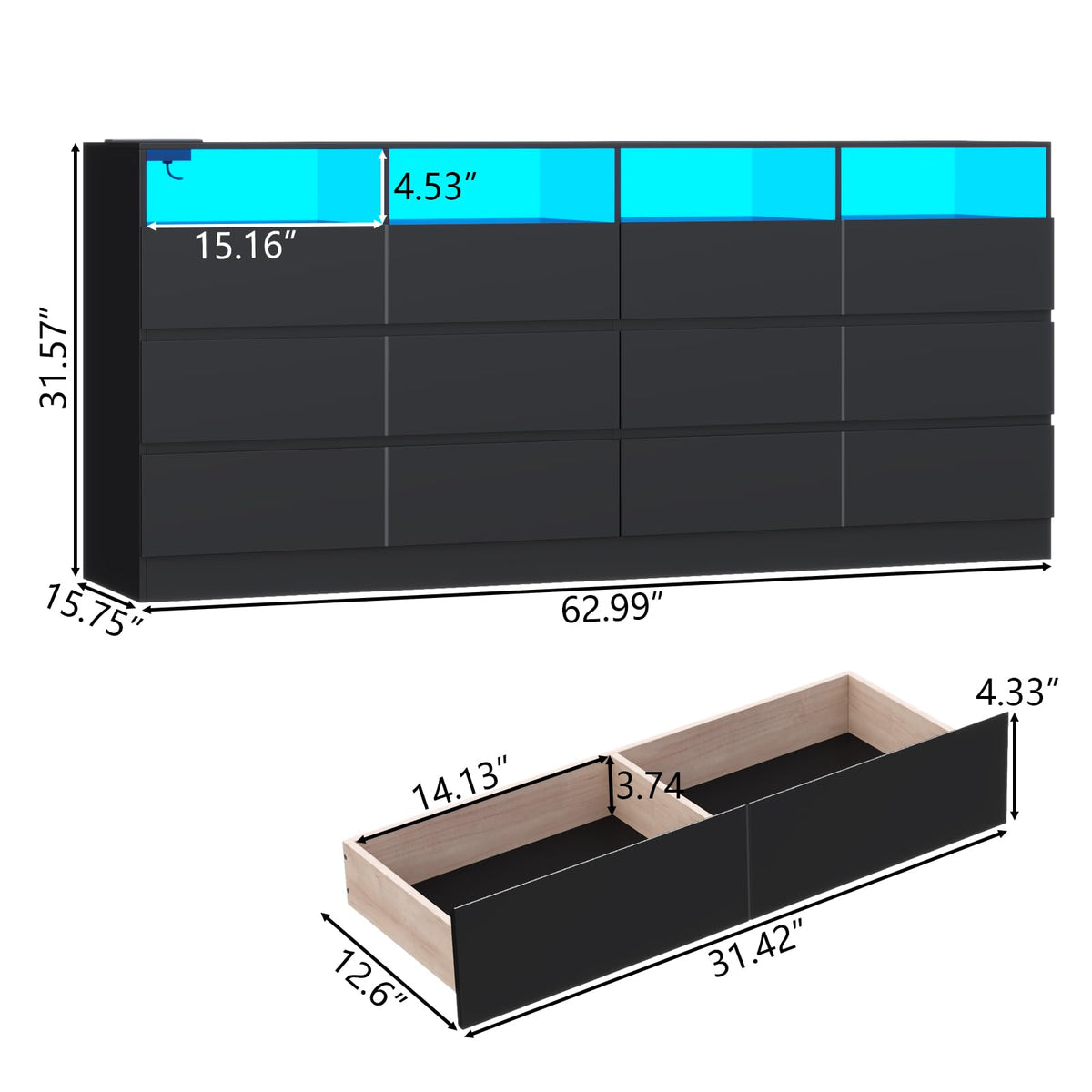 Black 12-Cell Divided Drawers Dresser with Charging Station R6906