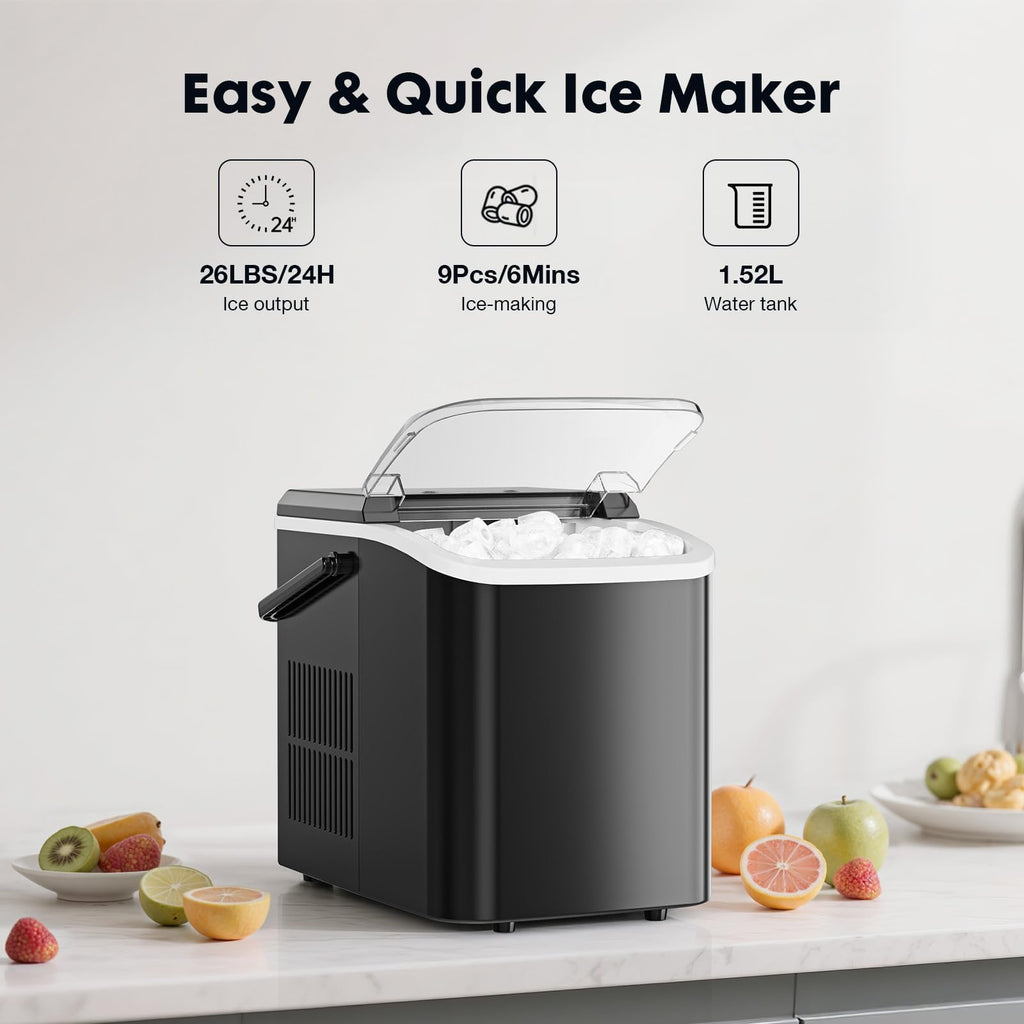 Portable Countertop Ice Maker with Scoop and Basket, 26.5lbs, Coal Black D81344