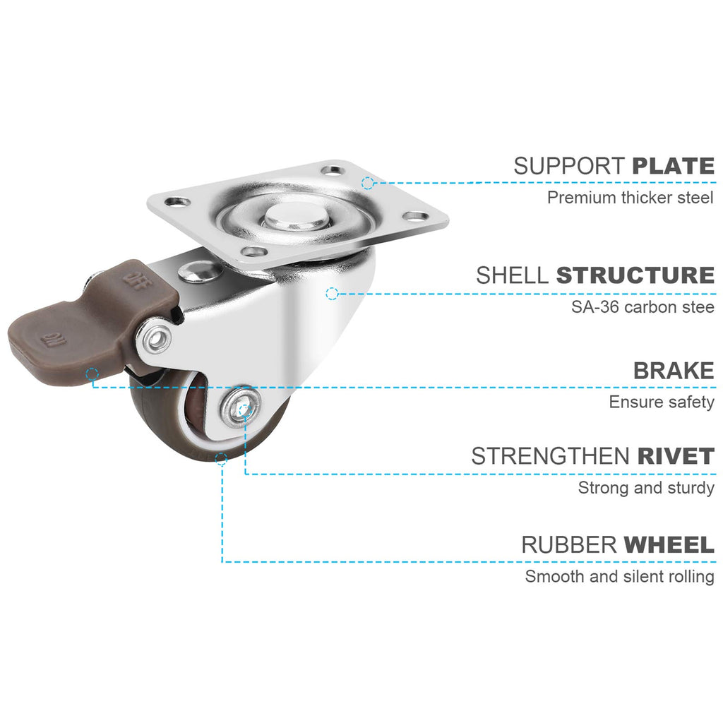 1 Inch TPE Rubber Swivel Caster Wheels Set of 4 with Brakes O6210