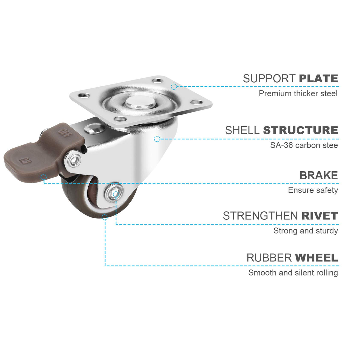 1 Inch TPE Rubber Swivel Caster Wheels Set of 4 with Brakes O6210
