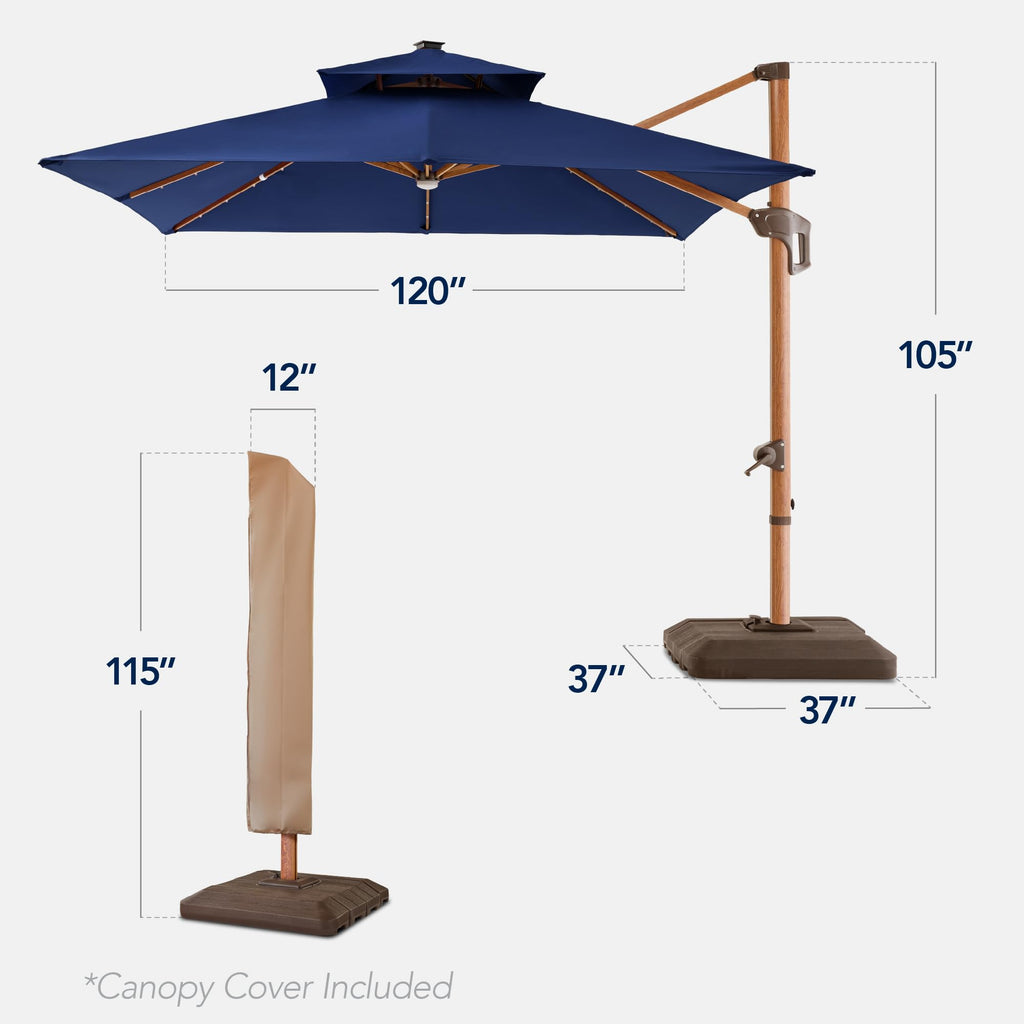 10ft Square Cantilever Patio Umbrella with Base and Solar LED Lights N250