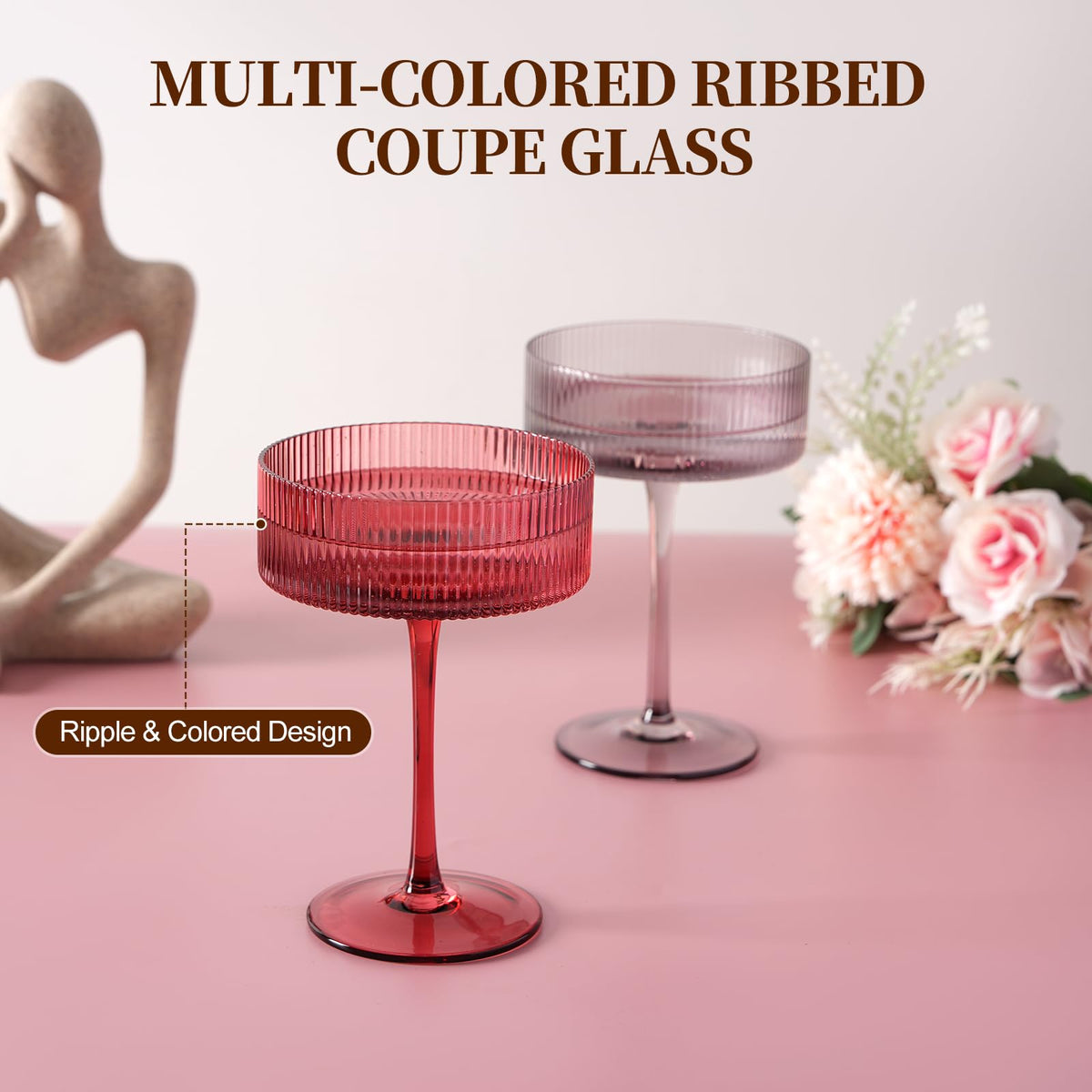 9Oz Ribbed Crystal Hand Blown Coupe Cocktail Glasses Q574