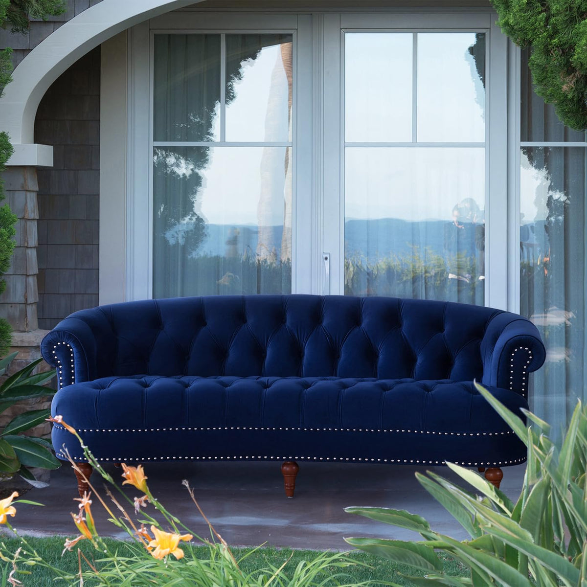 Navy Blue Velvet Tufted Sofa H620