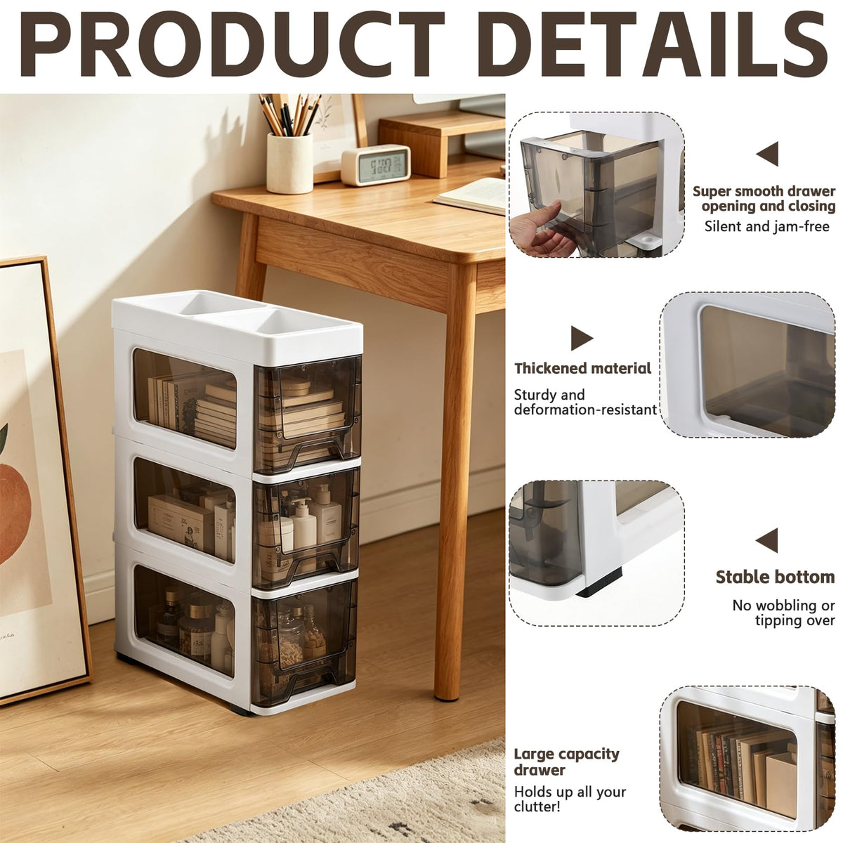 3 Drawer Narrow Plastic Storage Cart with Wheels Q10610