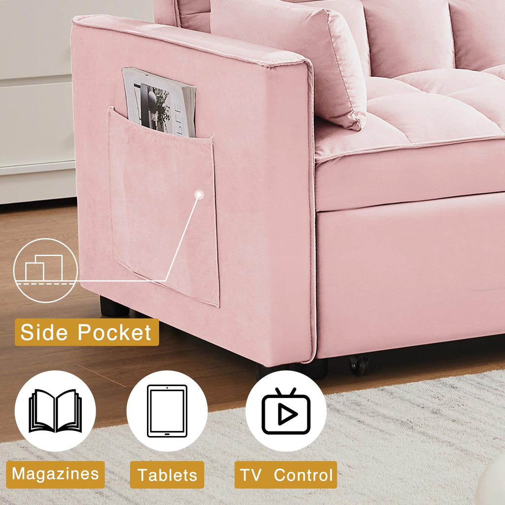 3 in 1 Convertible Sleeper Sofa Bed Velvet Pink Y974727