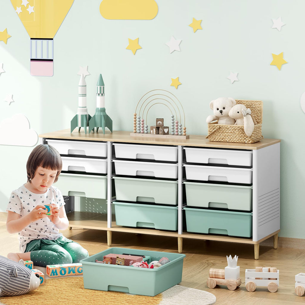 12 Drawers Storage Cabinet with Wooden Top and Plastic Bins Q6167