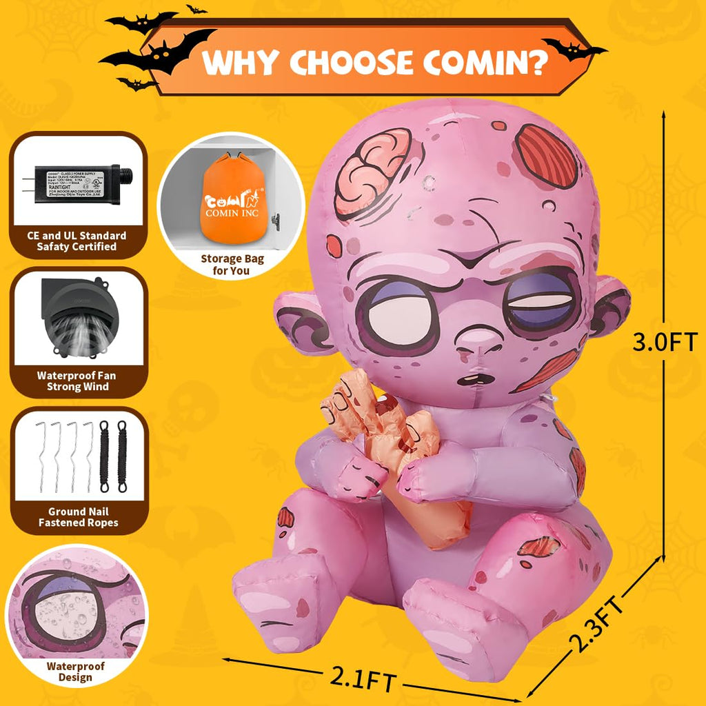 3 FT Halloween Inflatables Zombie with Built-in LEDs F24956