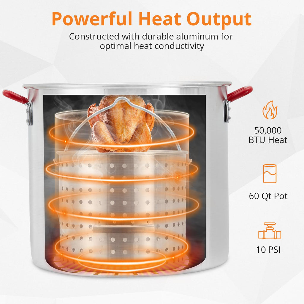 60QT Aluminum Seafood Boil Pot with Strainer Basket and Propane Burner J1210