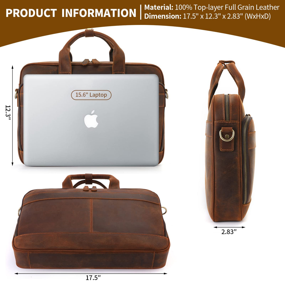Full Grain Leather Briefcase Fits 15.6 Inch Laptop G41404