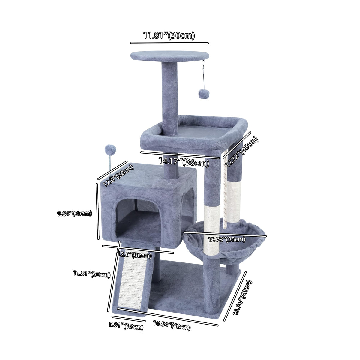 37.5" Cat Tree Tower with Scratching Board Hammock Grey R447670
