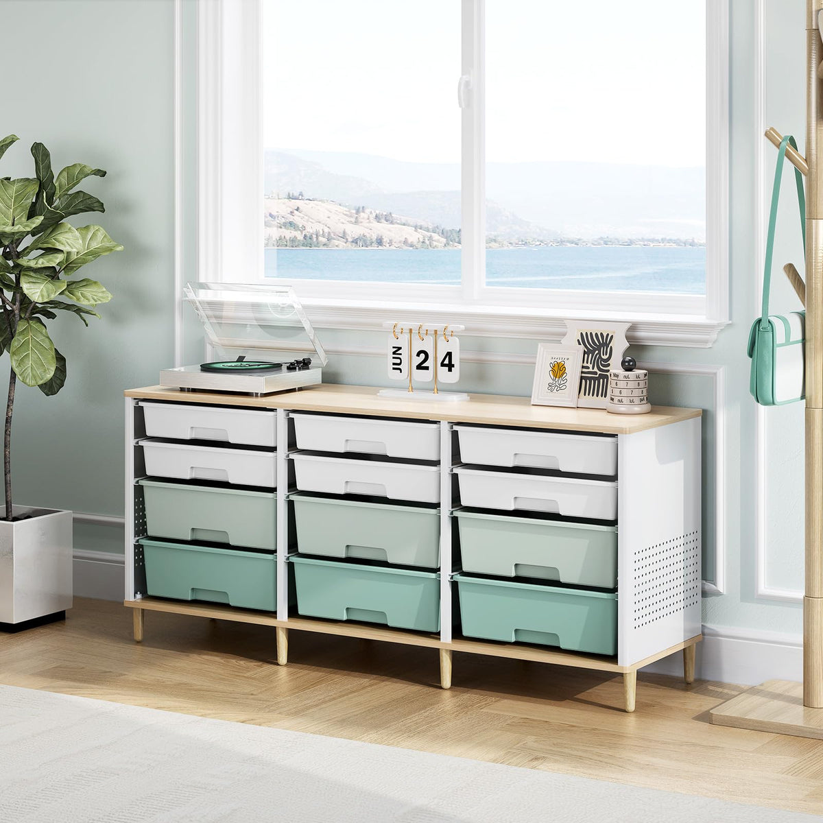 12 Drawers Storage Cabinet with Wooden Top and Plastic Bins Q6167