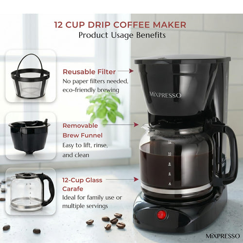 12 Cup Drip Coffee Maker with Reusable Filter, Black J93798