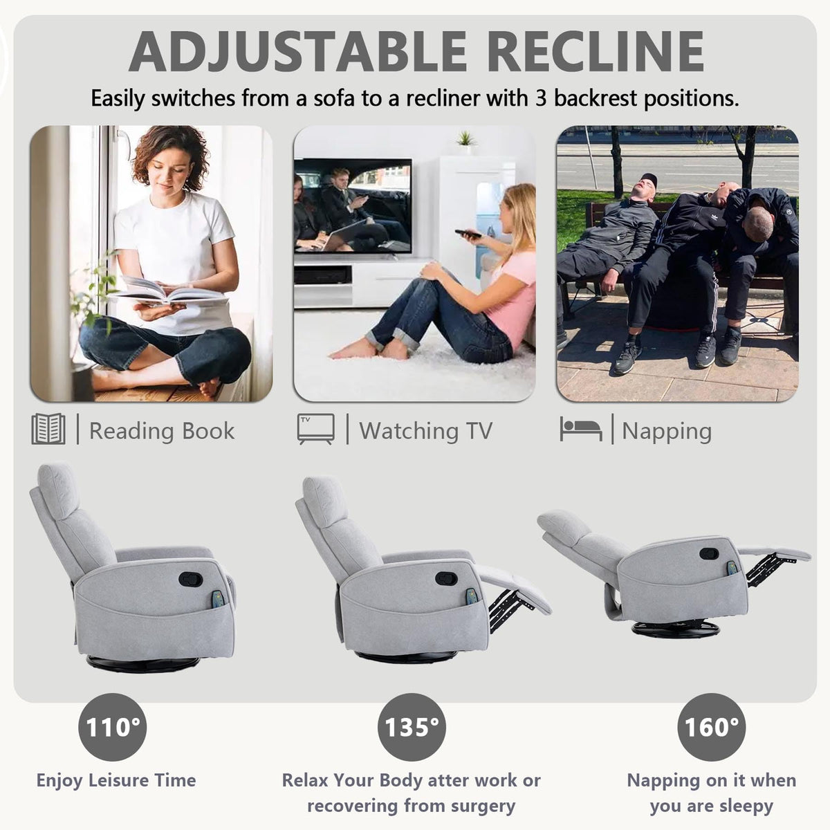 Gray Manual Swivel Glider Recliner with Massage E66611