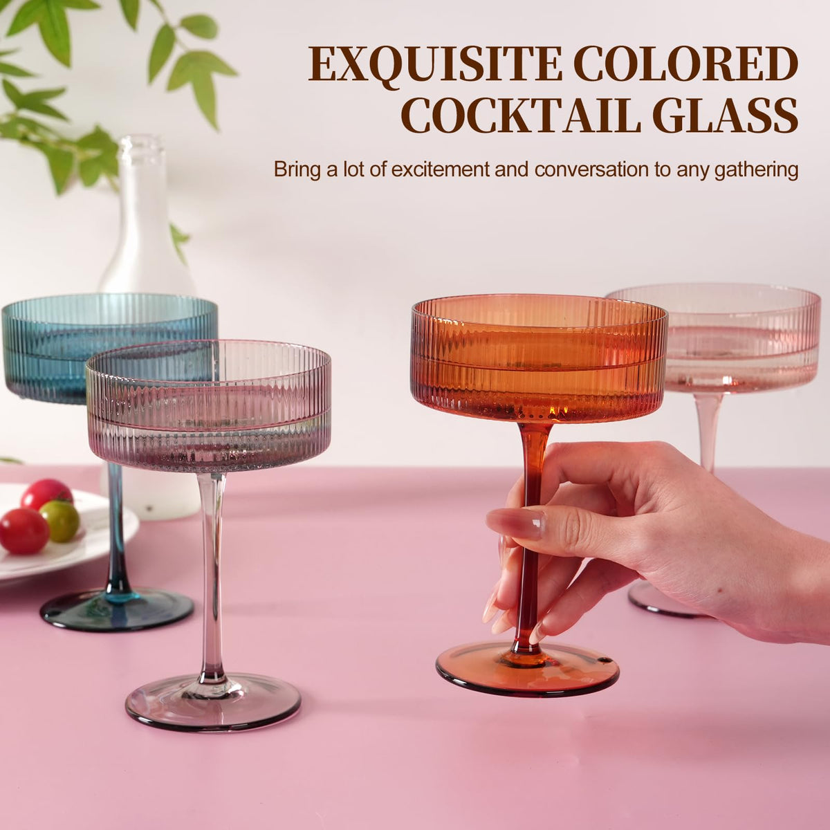 9Oz Ribbed Crystal Hand Blown Coupe Cocktail Glasses Q574