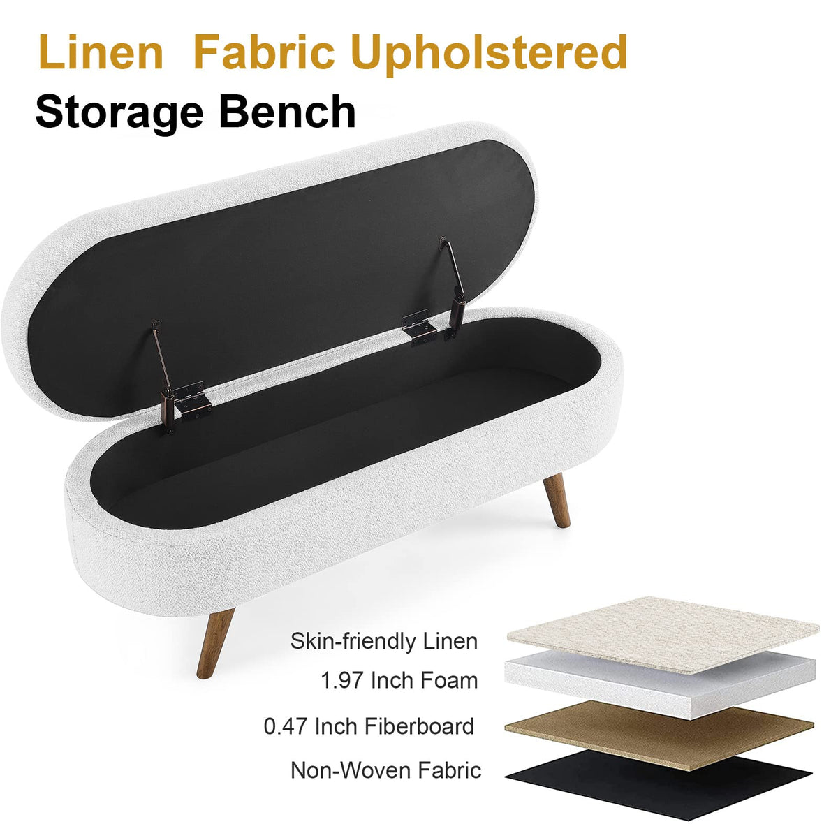 White Linen Fabric Upholstered Storage Bench with Solid Wood Legs T103