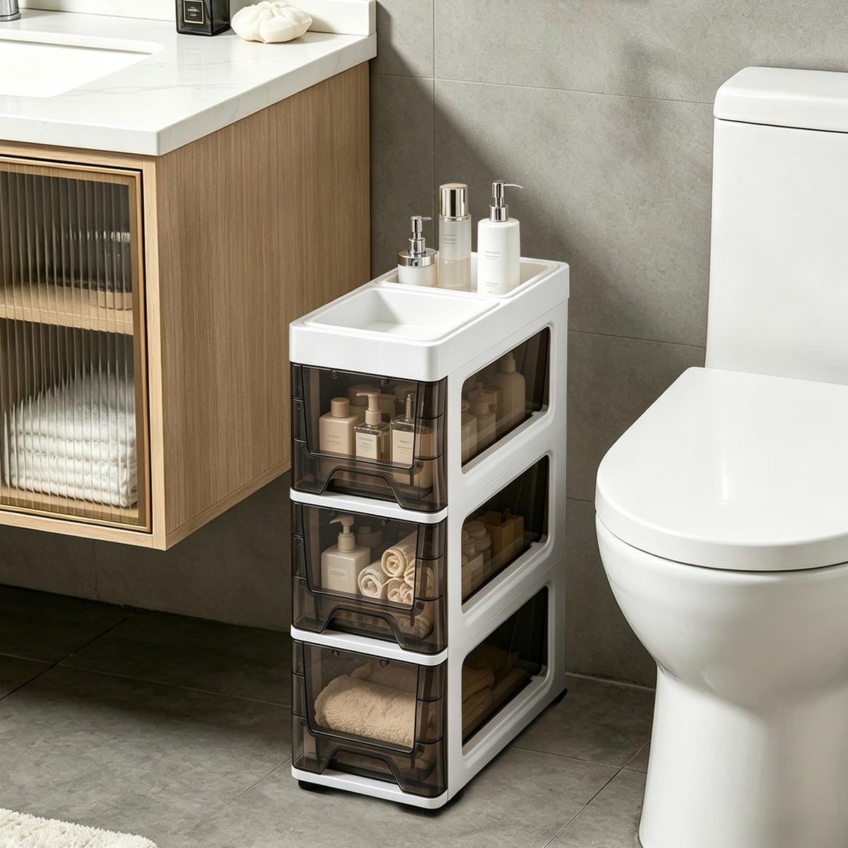 3 Drawer Narrow Plastic Storage Cart with Wheels Q10610