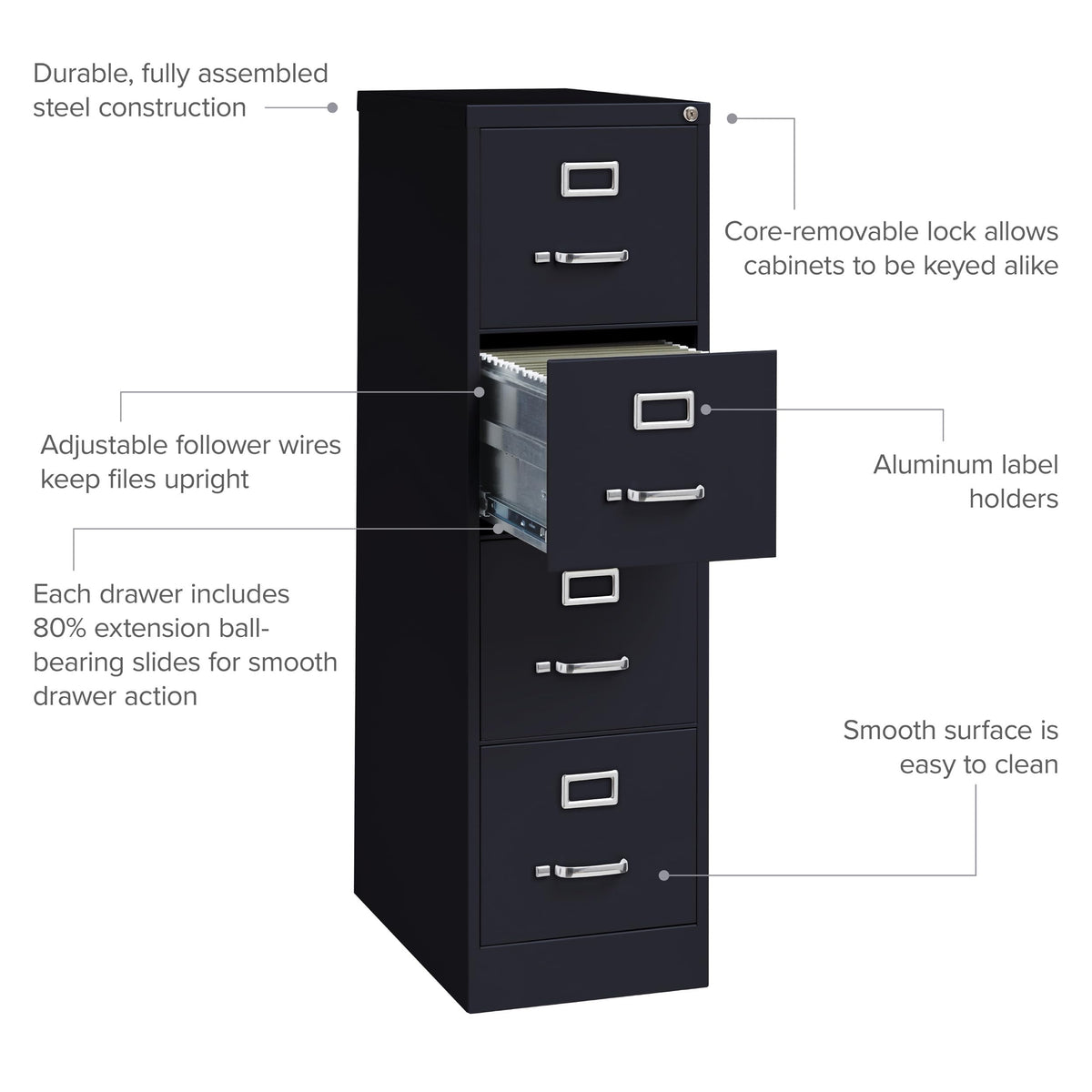 15" W 4 Drawer Vertical File Cabinet, Black, Letter C344059