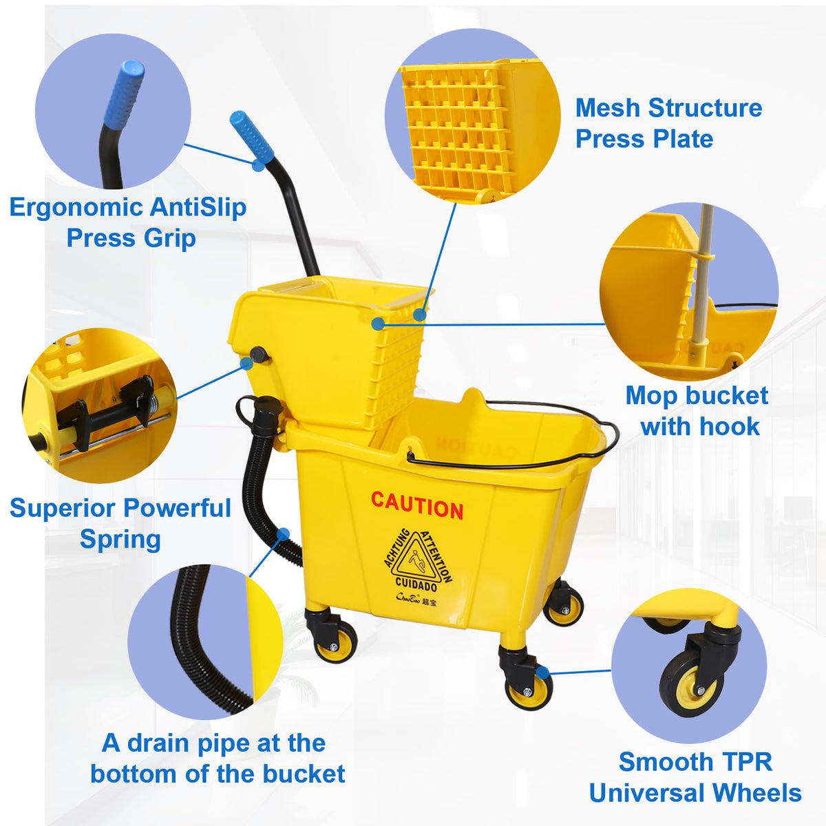 Yellow 35 Qt. Side-Press Mop Bucket and Wringer Combo on Wheels W665