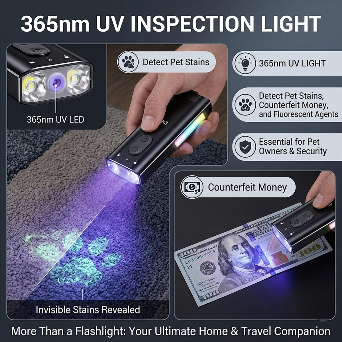 800 Lumens Rechargeable EDC Keychain Flashlight with UV & Red LED M69066