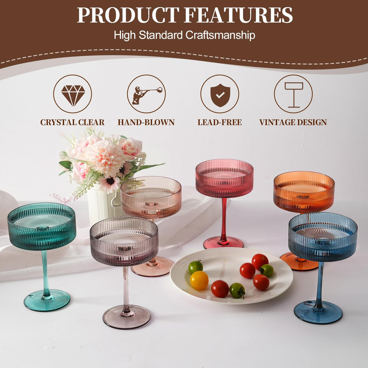 9Oz Ribbed Crystal Hand Blown Coupe Cocktail Glasses Q574
