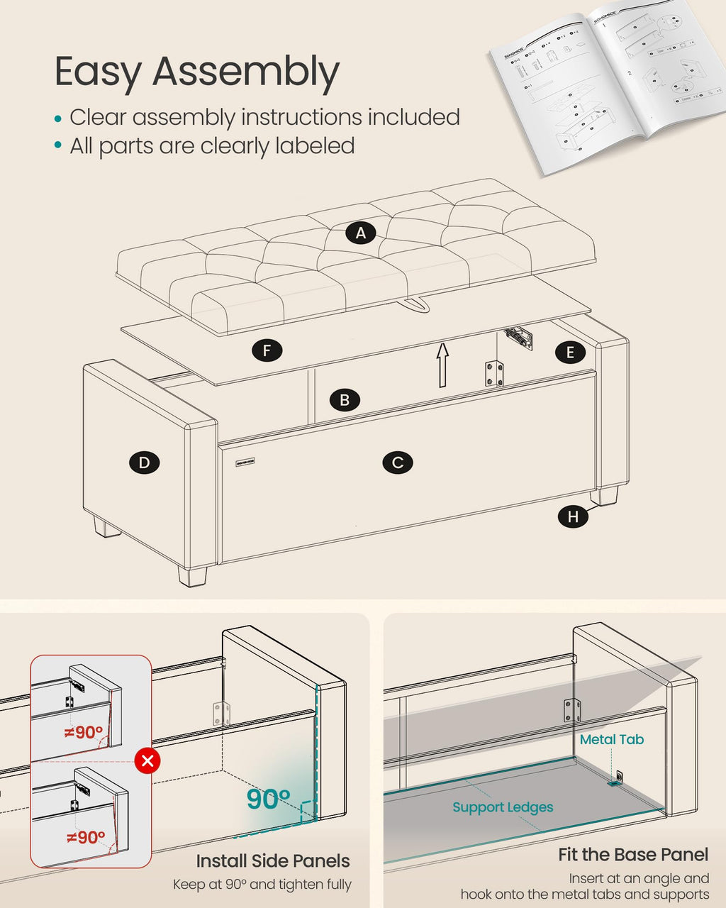 48 Inches Storage Ottoman with Solid Wood Legs H407454