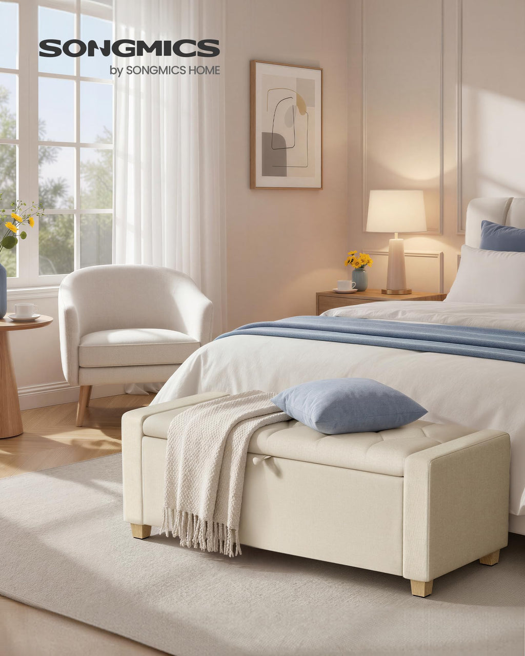 48 Inches Storage Ottoman with Solid Wood Legs H407454