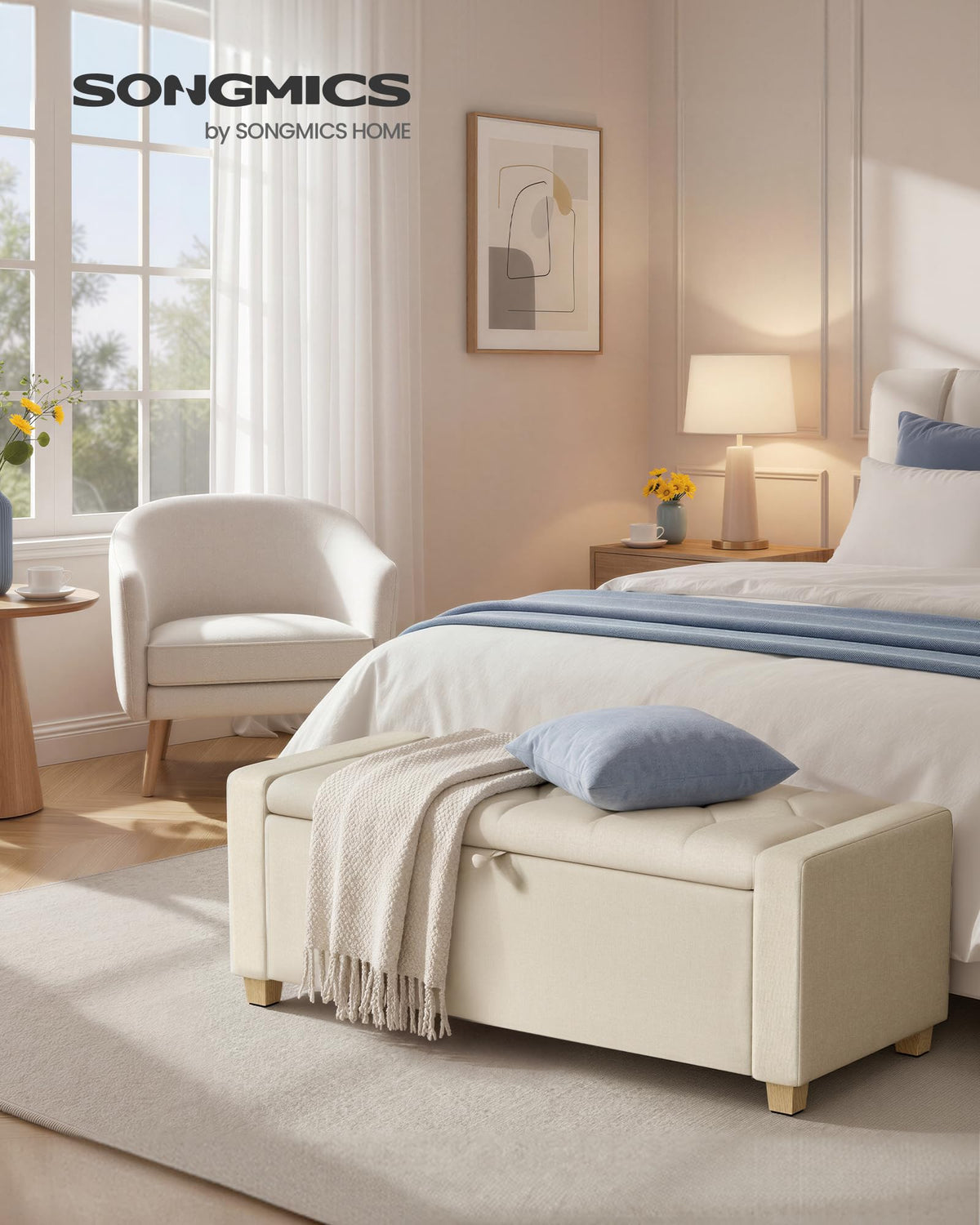 48 Inches Storage Ottoman with Solid Wood Legs H407454