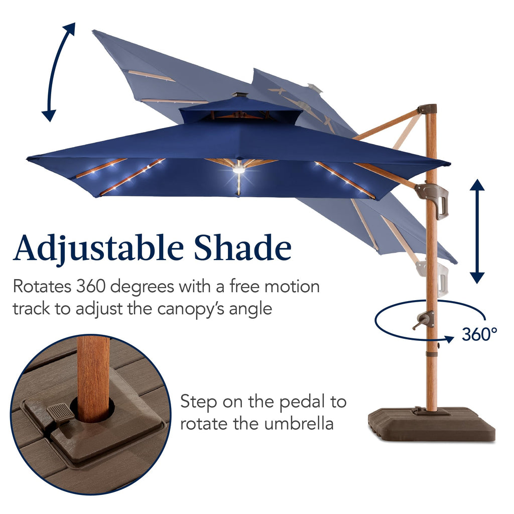 10ft Square Cantilever Patio Umbrella with Base and Solar LED Lights N250