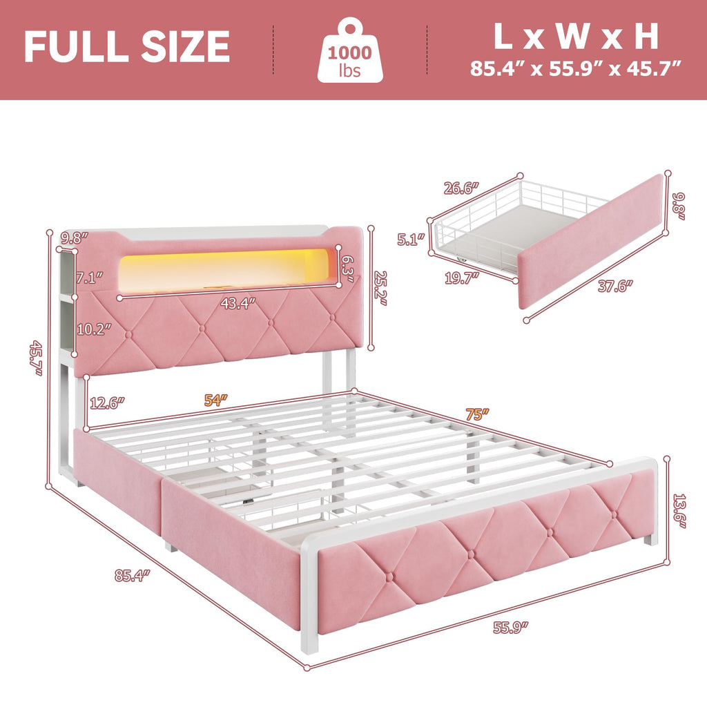 Pink Velvet Upholstered Platform Bed Frame with 2 Storage Drawers Y63088