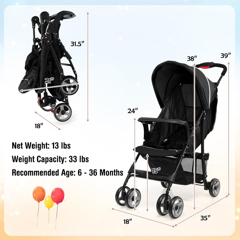 Lightweight Compact Toddler Travel Stroller with Canopy, 5-Point Harness, Storage Basket, One-Hand Fold, Black B360756
