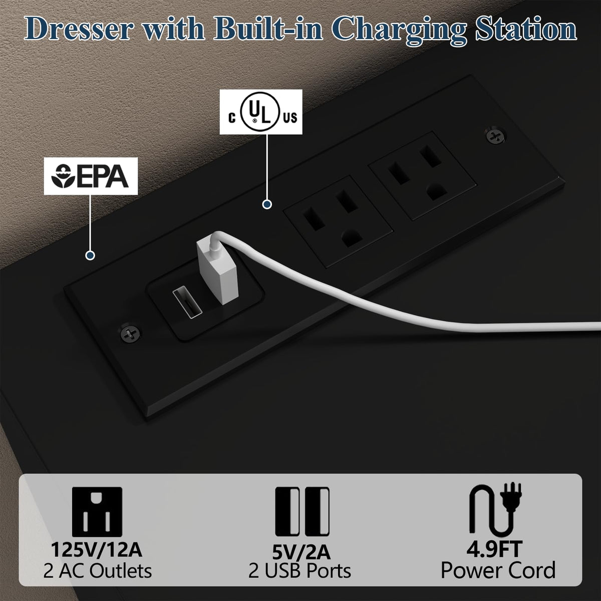 Black 12-Cell Divided Drawers Dresser with Charging Station R6906