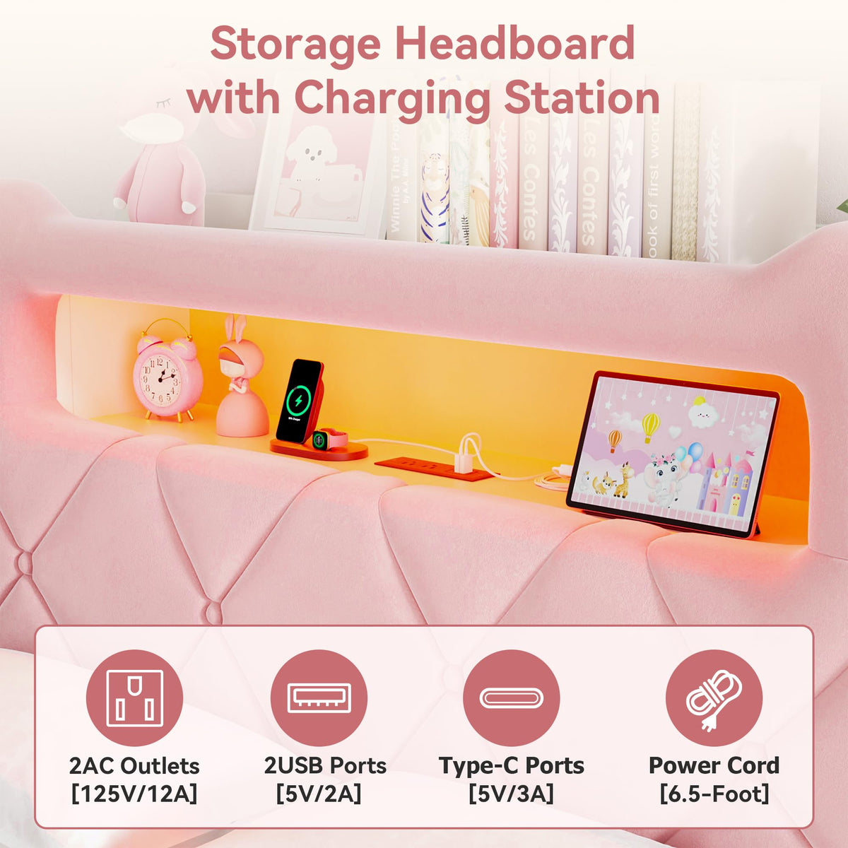 Pink Velvet Upholstered Platform Bed Frame with 2 Storage Drawers Y63088