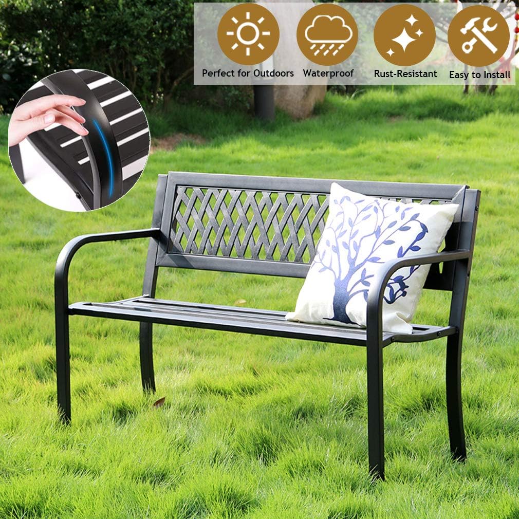 Black Metal Patio Bench with Armrest Z89365