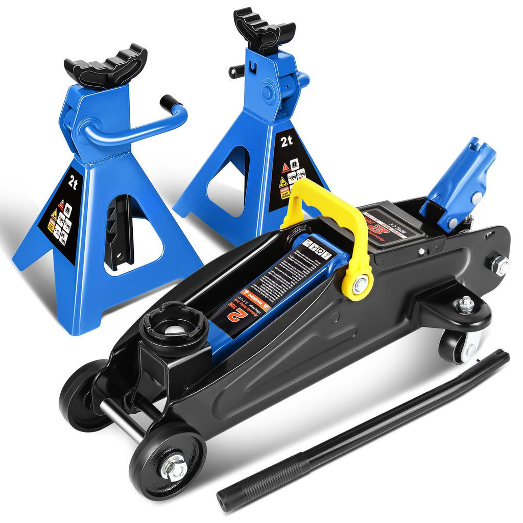 Low Profile Hydraulic Trolley Floor Jack with 2 Ratchet Jack Stands, 2 Ton Capacity, Blue L78748