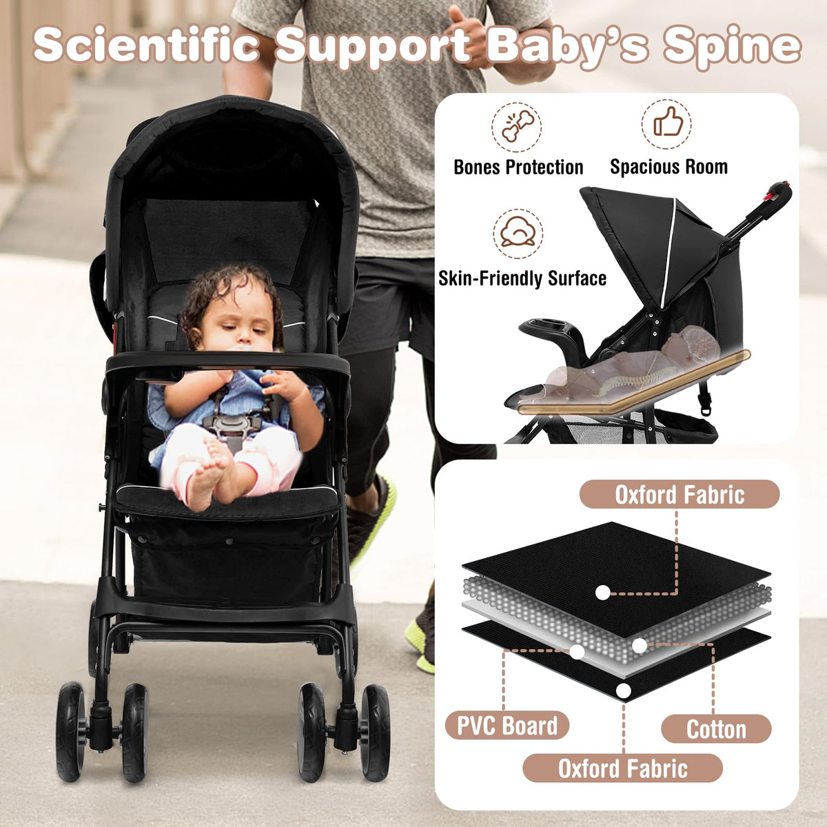 Lightweight Compact Toddler Travel Stroller with Canopy, 5-Point Harness, Storage Basket, One-Hand Fold, Black B360756