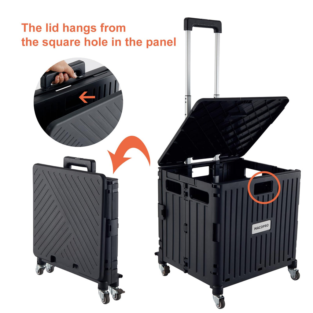 Folding Utility Cart Rolling Crate Handcart with Lid Black W696267