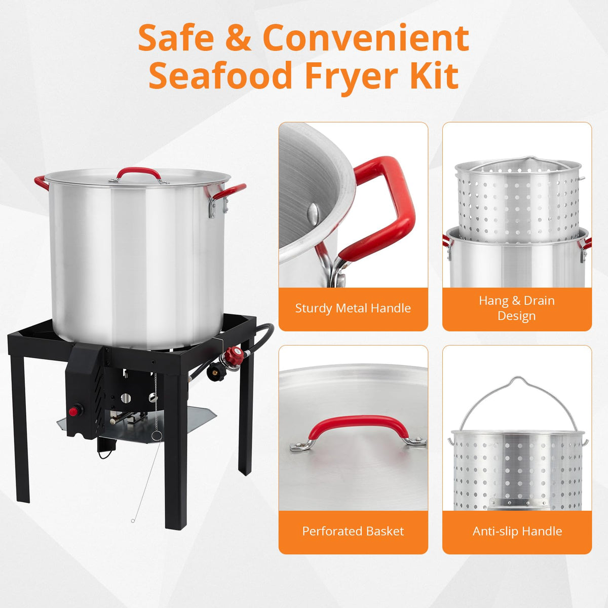 60QT Aluminum Seafood Boil Pot with Strainer Basket and Propane Burner J1210