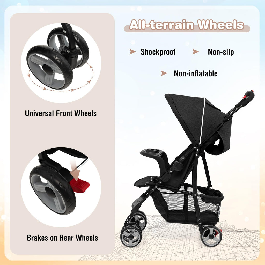 Lightweight Compact Toddler Travel Stroller with Canopy, 5-Point Harness, Storage Basket, One-Hand Fold, Black B360756