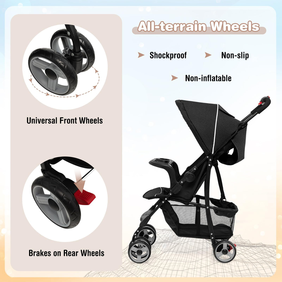 Lightweight Compact Toddler Travel Stroller with Canopy, 5-Point Harness, Storage Basket, One-Hand Fold, Black B360756
