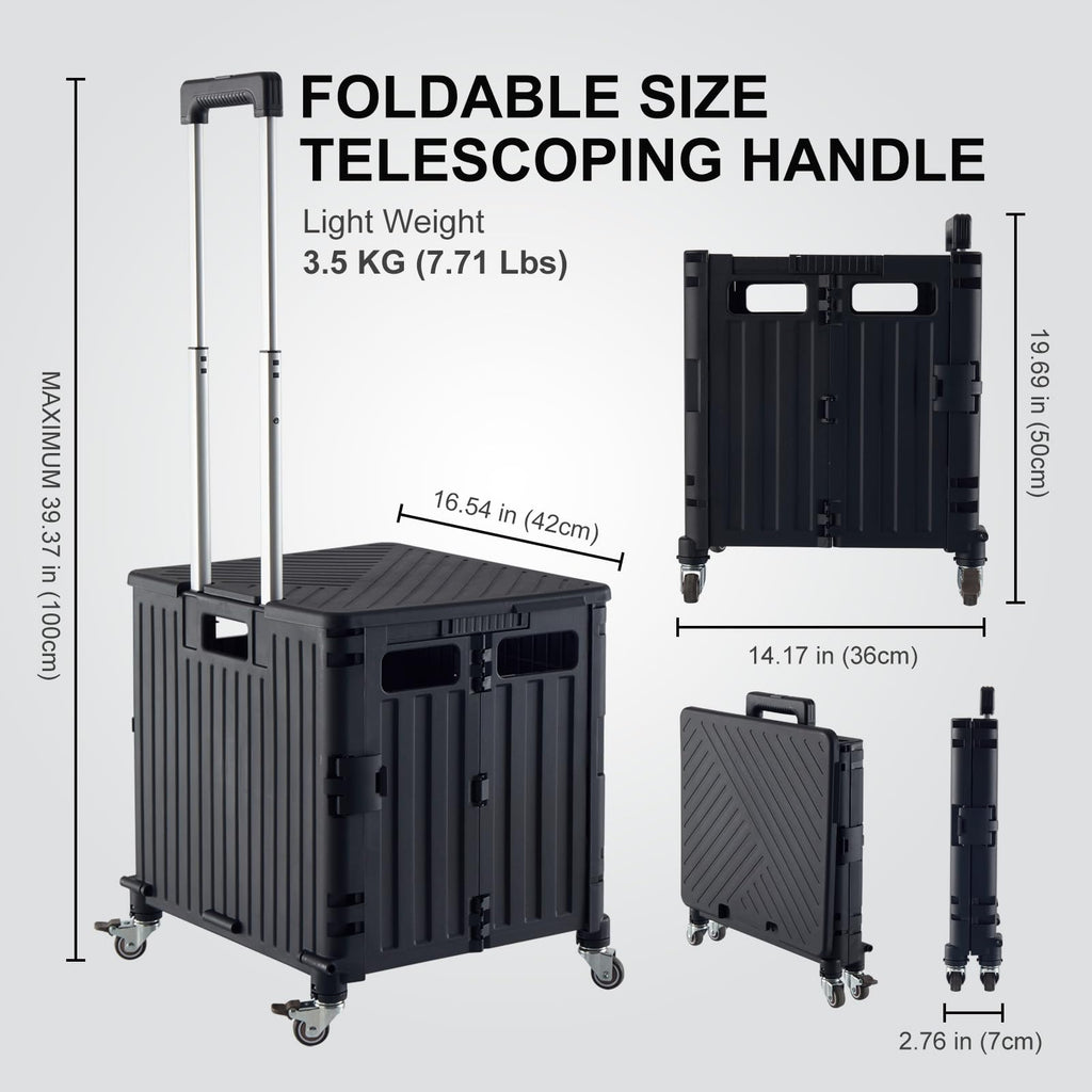 Folding Utility Cart Rolling Crate Handcart with Lid Black W696267